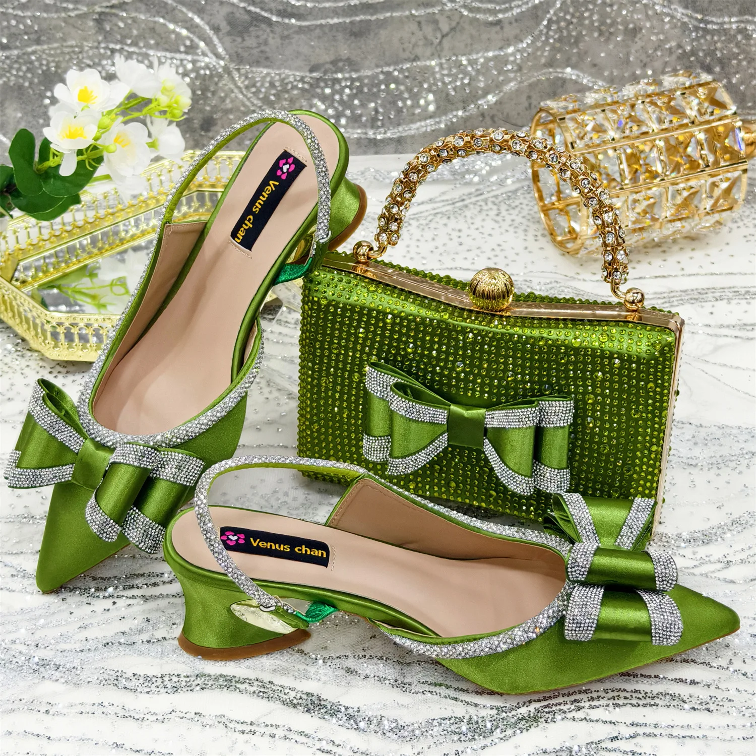 

2025European Orange Shoe And Bag Set Combination Women's Pointed Sandals, High Heels Rhinestone Shoes With Square Rhinestone Bag