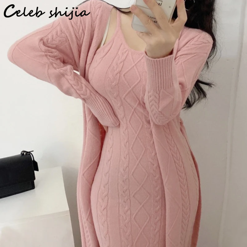 

Pink Elegant Soft Woolen 2 Piece Sets Women Autumn 2023 V-neck Cardigan + Knitted Dress Ladies Vintage Knitwear Sets Winter