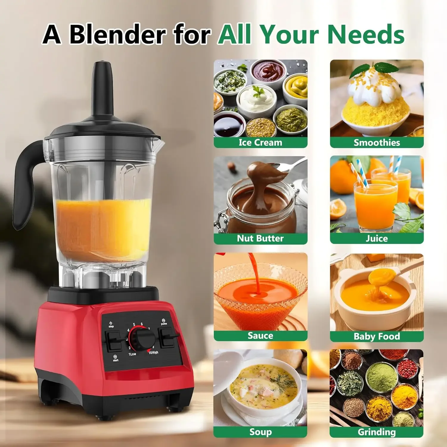 Licuadora, licuadora profesional de 1800 W para cocina con 10 velocidades, potente licuadora trituradora de hielo sin BPA de 68 oz para J