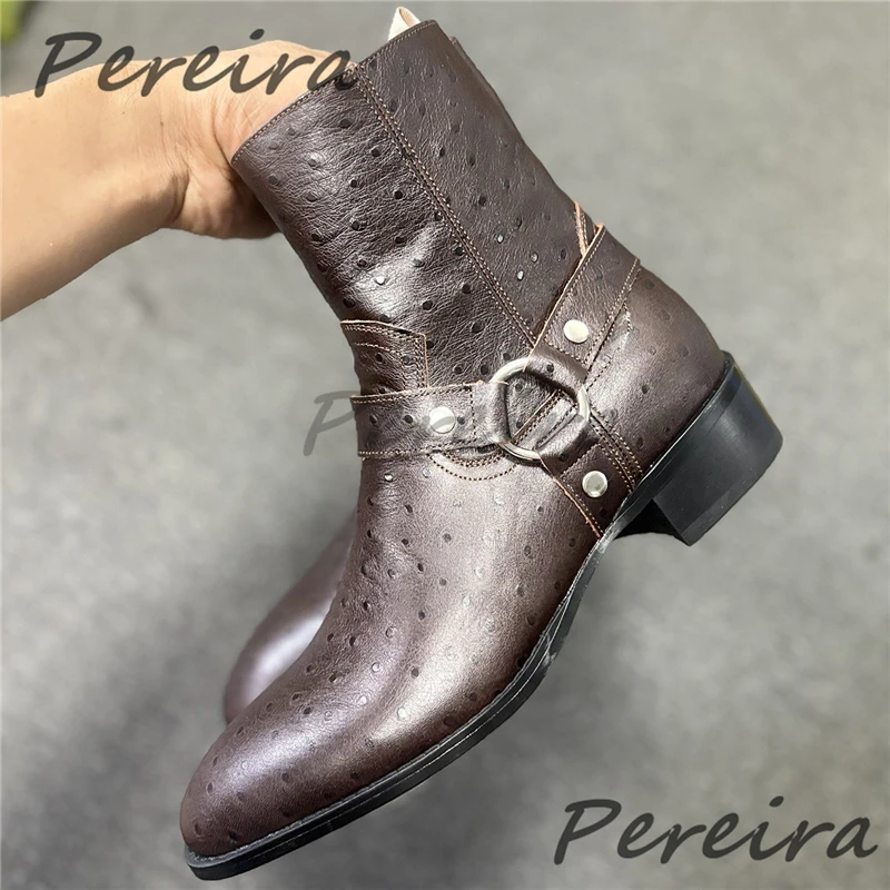 Autumn Winter New Retro Ostrich Pattern Leather Men's Boots Metal Buckle Strap Thick Heel Short Boots Fashion Party Dress Shoes