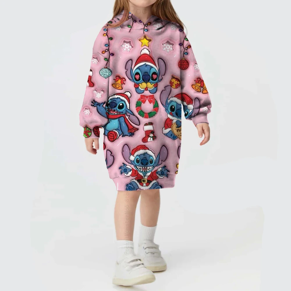 Vestido con capucha cómodo y dulce de Disney Stitch para niñas, estampado navideño, vestido de princesa de otoño e invierno, Top con capucha, ropa de moda