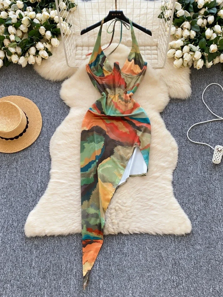 

Summer Fashion Sexy Print Dresses Women Irregular Sleeveless V Neck Slim Halter Streetwear Split Bodycon Beach Vacation Dress