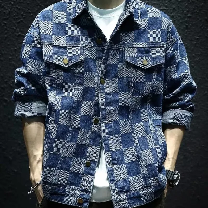 

Модная джинсовая куртка в клетку с вышивкой, мужская свободная повседневная одежда большого размера, дизайнерская одежда, осенний сезон, верхняя одежда