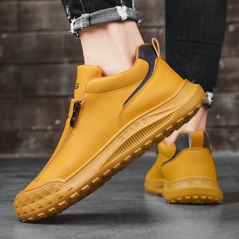 HKDQ Autumn Yellow Leather Sneakers Men Fashion Zip Platform Men's Casual Shoes Original Outdoor Non-slip Sports Shoes For Men