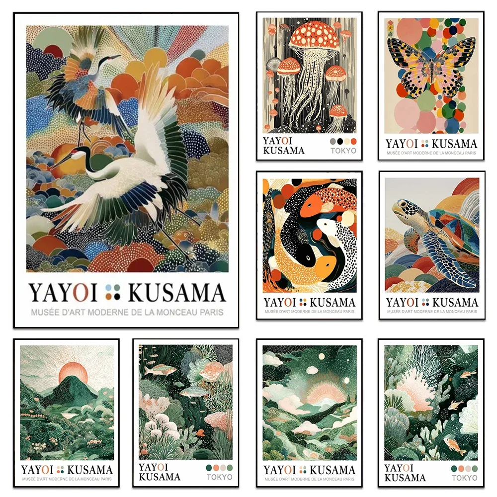Yayoi Kusama Exhibition Art Poster Print Sunset Octopus Jellyfish mushroom Canvas Painting Abstract Koi Fish Wall Art Home Decor