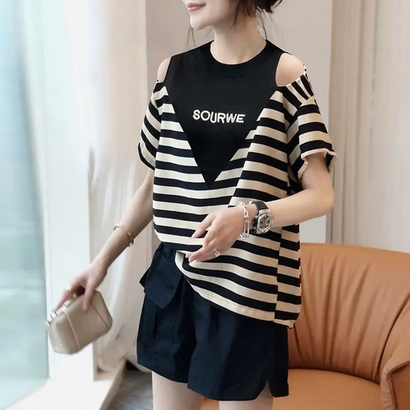 Women\'s Clothing Streetwear Fashion Striped Letter Pullovers 2023 Summer Casual Spliced Round Neck Off Shoulder Loose T-shirt