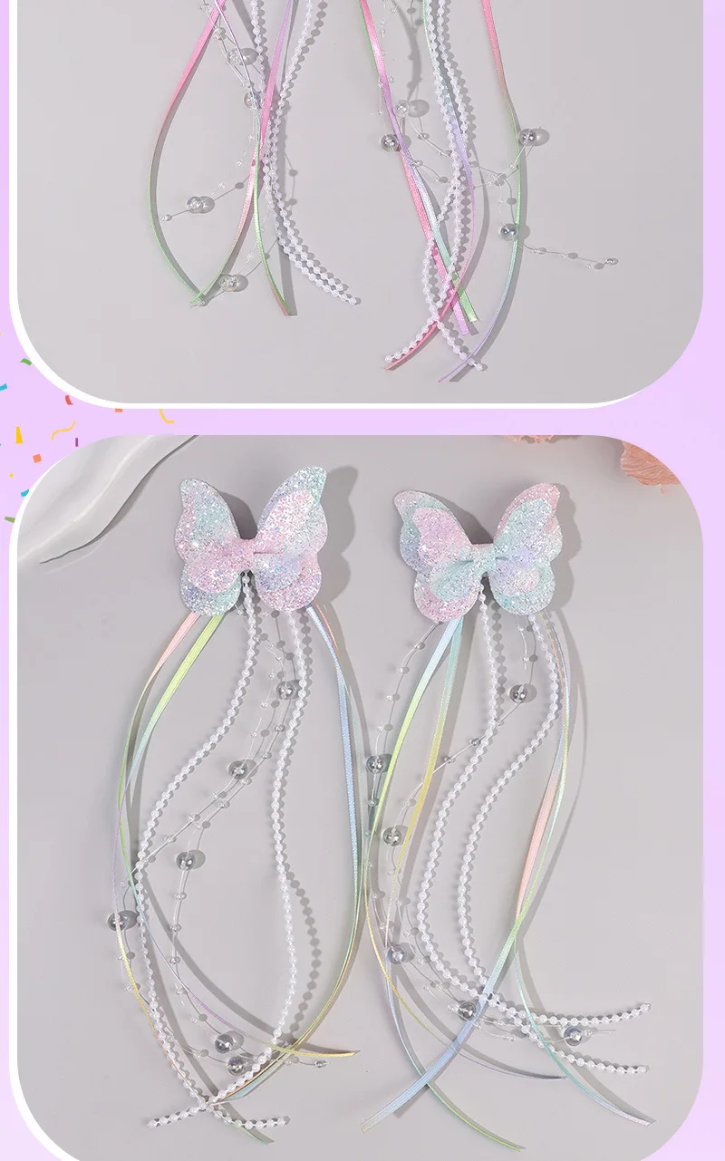 2 Stück niedliche Haarspangen mit Farbverlauf und Schmetterlingsmotiv für Mädchen, glänzende, lange Quasten und Schleifen, Haaraccessoires im süßen Prinzessinnen-Stil. – Detail 6