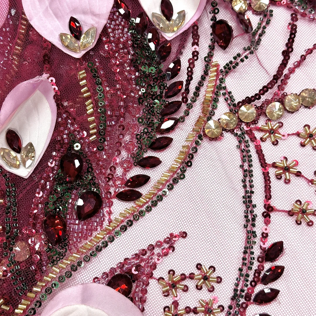 Burgundy 3D Floral Applique Heavy Rhinestone Beaded Sequins Tulle Mesh Lace FabricDubai Textile for Bridal Wedding Evening Gowns