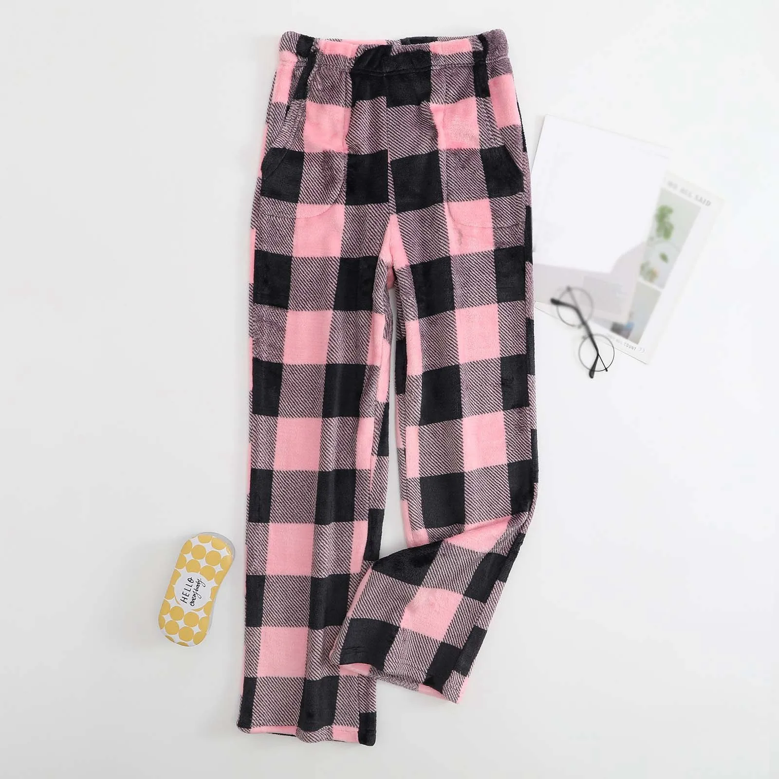 Contrast Color Winter Warm Plaid Flannel Pajama Pants Women Casual Elastic Waist Loose Fit Trousers Comfortable Home Pants