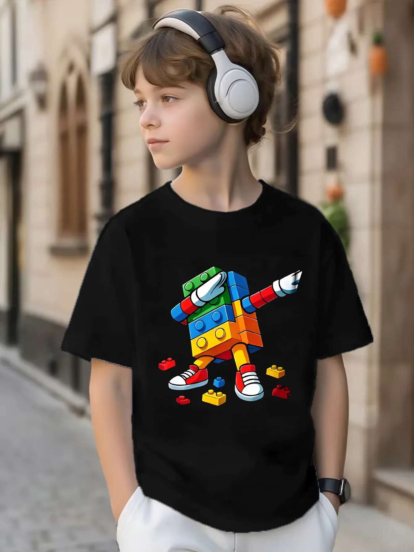 Summer Children's Dab Dance Colorful Building Block Robot Printed Short-Sleeved T-Shirt Boys and Girls Comfortable Casual Top