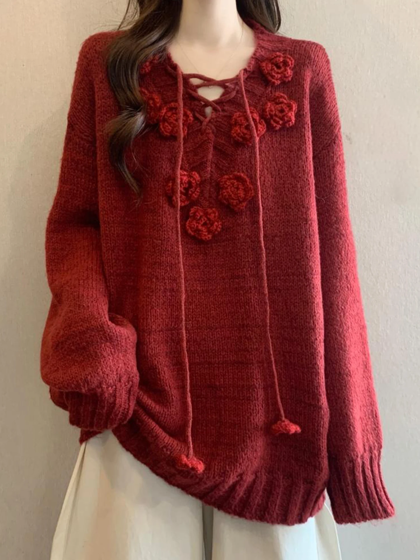 

Red Knitted Sweater Women's Autumn Winter Large Size Faionable Mid-Length Flower Embellied Belted Casual Sle V-Ne Top