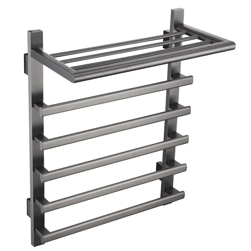 Modern Brushed Grey Electric Bathroom Radiator with Towel Shelf Bathroom Waterproof 304 Stainless Steel Heated Towel Rack