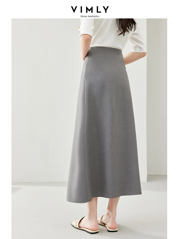 Vimly Grey Casual Simple A-line Umbrella Skirt 2024 Spring Elegant Solid Midi Skirts for Office Ladies Women\'s Clothing M5382