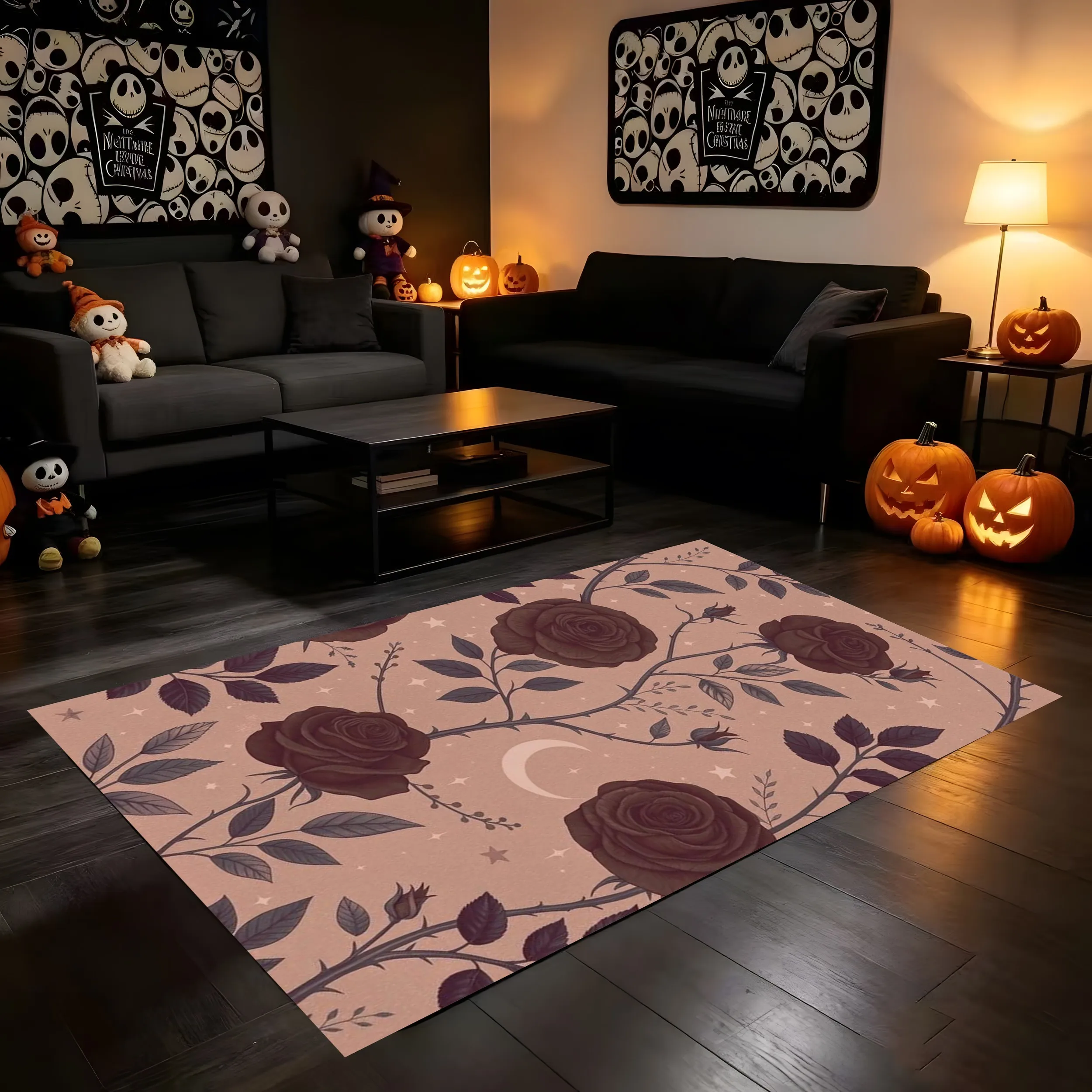 2D Carpet with Pumpkin Ghost Bat and Skull Prints—Cute, Quirky, and Eye-Catching on a Soft Pink Background—Perfect for a