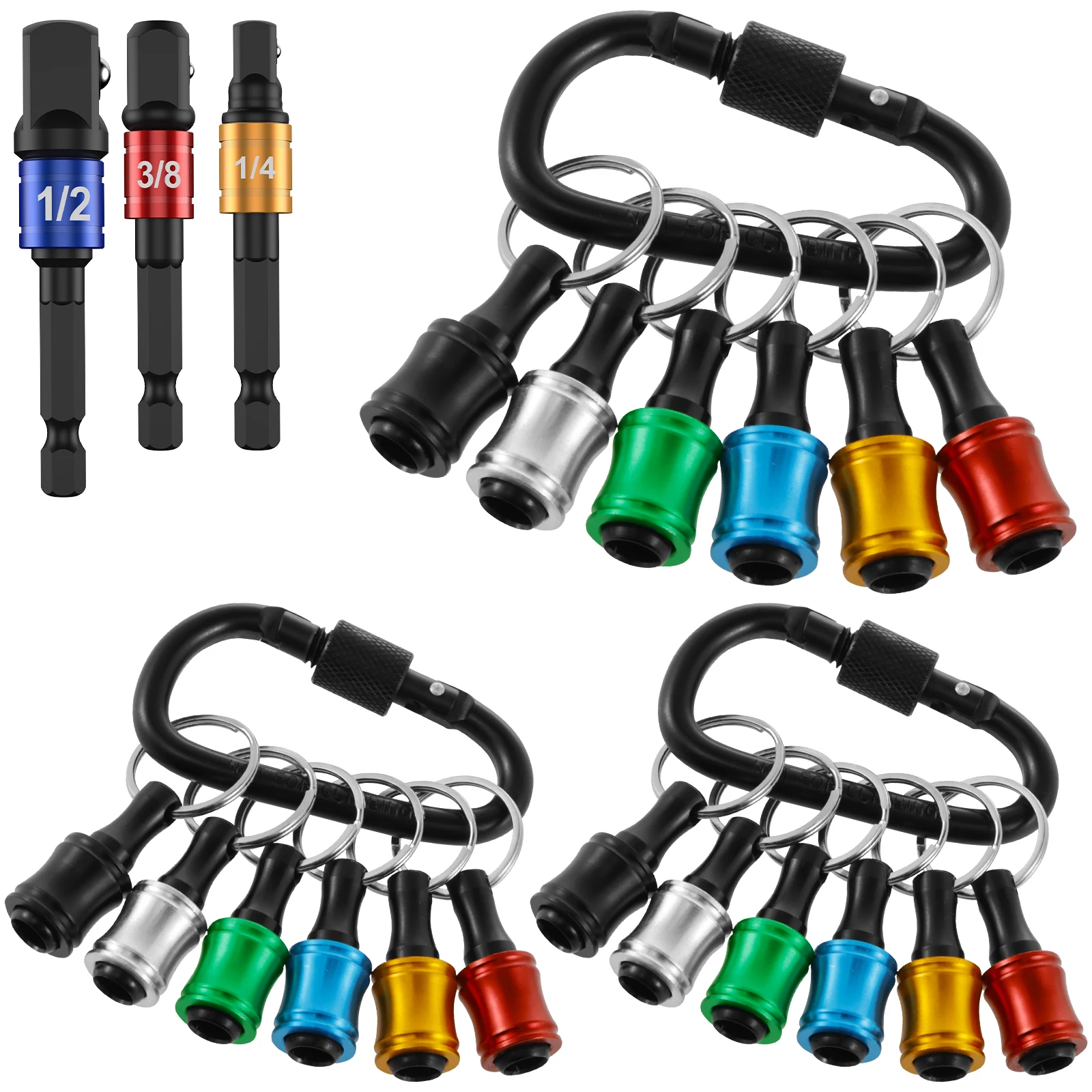 

18Pcs 1/4 Inch Hex Shank Screwdriver Bit Holder Aluminum Alloy Bit Holder Keychain with 1/4inch 3/8inch 1/2inch Drill Socket