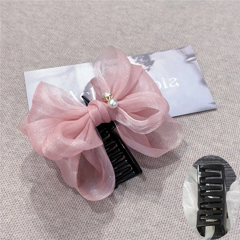 Double-layer Mesh Bow Hair Clip for Woman Elegant Temperament Shark Clip Fashion Girl Back of The Head Ponytail Clip Hair Clamp