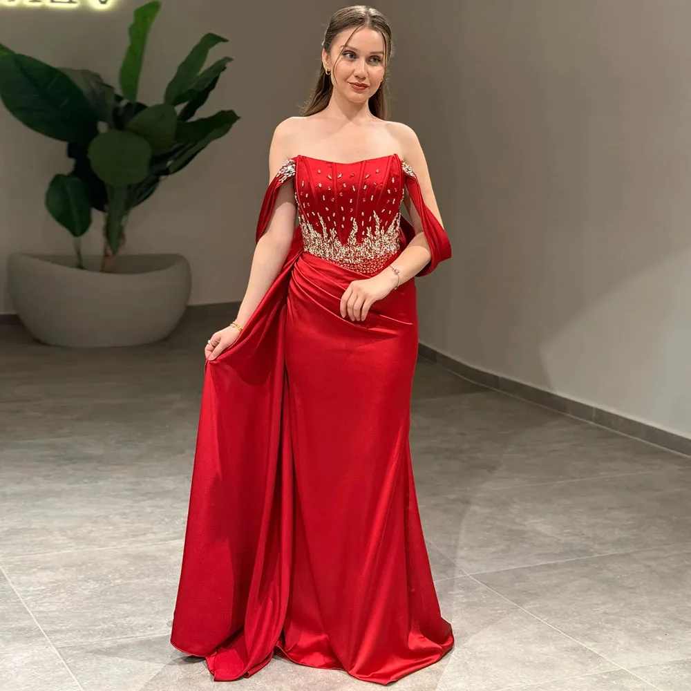 

New Women Red Satin Evening Dresses Customized Pleats Crystal Strapless Wedding Party Gowns Straight Backless Prom Dresses 2026