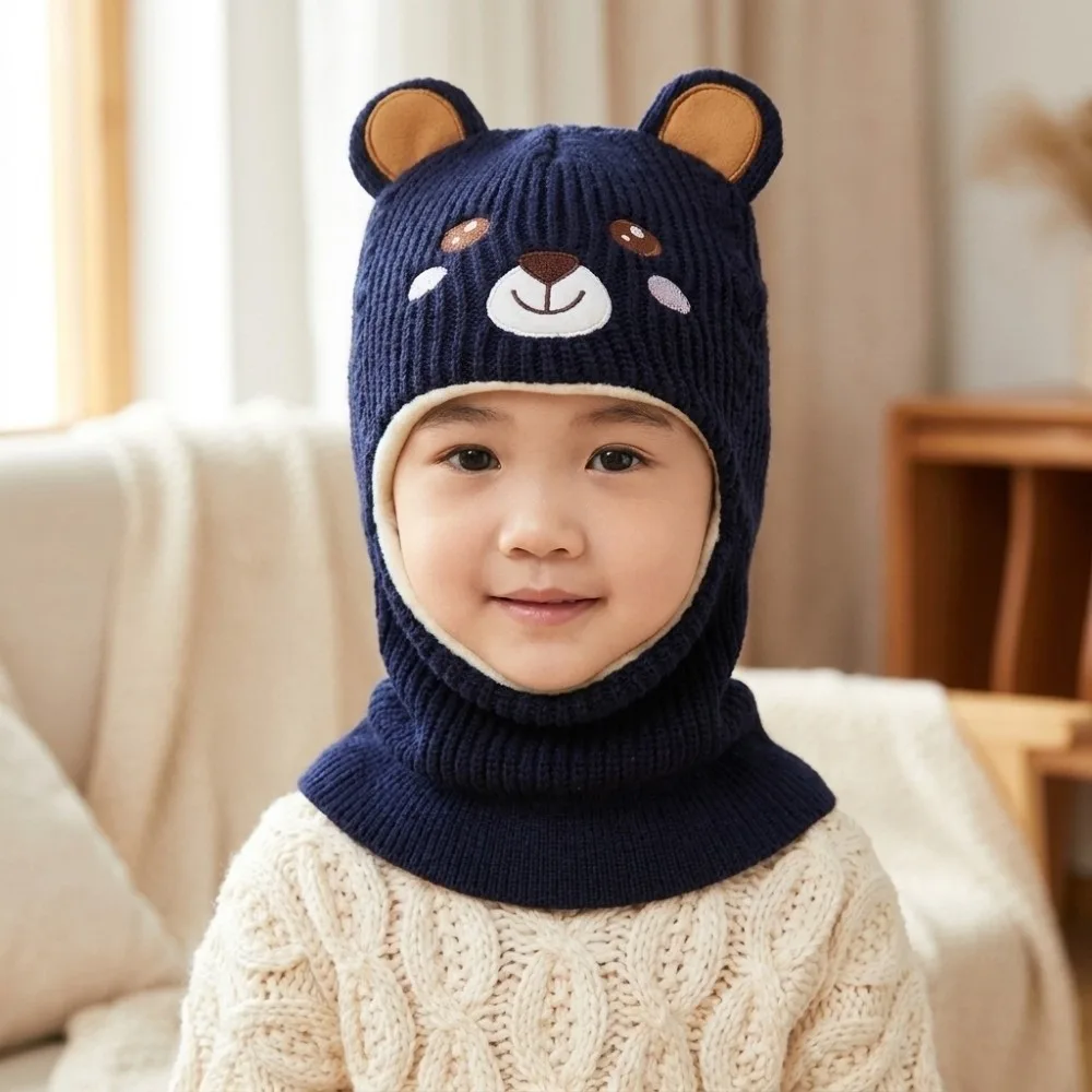 Thickened Warm Knitted Integrated Hat Bear Embroidery Ear Decoration Neck Warmer Polyester Cartoon Face Cover Beanie Daily Wear