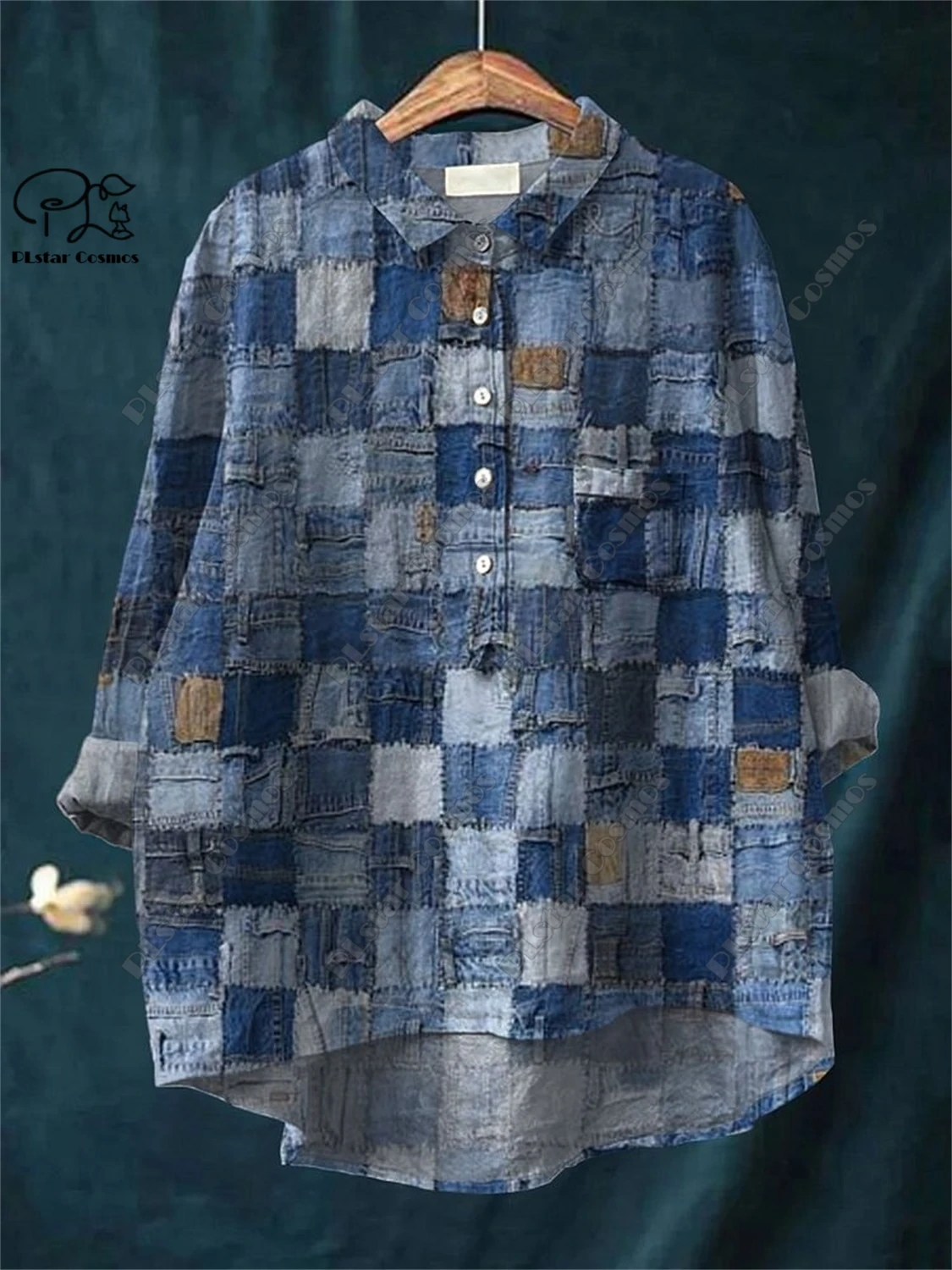 PLstar Cosmos new 3D printed women's loose retro floral fun casual printed open tube shirt  K-7