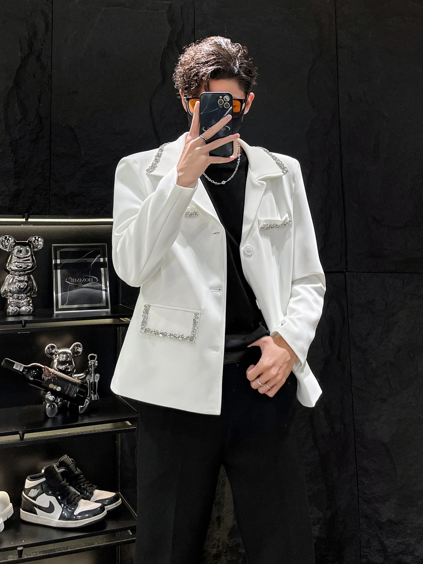 

Heavy Embelliment Diamond Padded oulder Flip Collar Men's Suiting Jaet Casual Spring Autumn Long Sve Pure ...