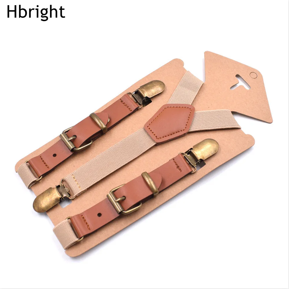 Vintage Brown Leather Alloy 3 Bronze Clips Male Kid Vintage Casual Suspenders Western-Style Trousers Boy's Braces Strap