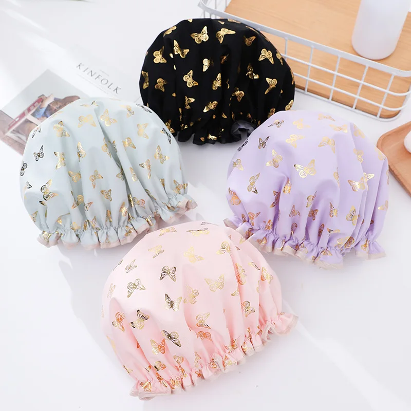 

Hot Gold Printed Terylene Cotton Shower Cap Bathing Women Double Shower Cap Waterproof Hair Cap