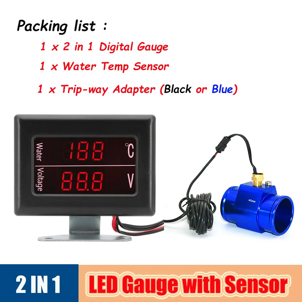 Dualer roter LED-Digitalspannungsmesser, Volt, quadratisch, Wassertemperaturanzeige, Fahrzeugthermometer, Anzeige mit 1/8 NPT-Sensor für PKW, LKW