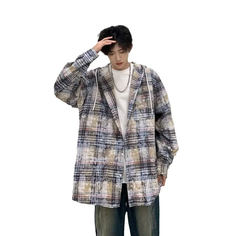 Spring New Vintage Men's Loose Long Sleeved Shirt Tops Korean Fashion Harajuku Tie Dyed Plaid Hooded Shirt Coat Y2K Streetwear