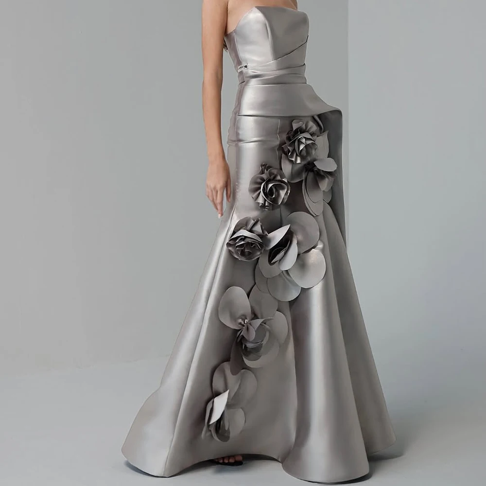 

Customized A-line Evening Dresses Floor-length Strapless Sleeveless Prom Gown Fashion Flowers Simple Draped Backless Party Gown