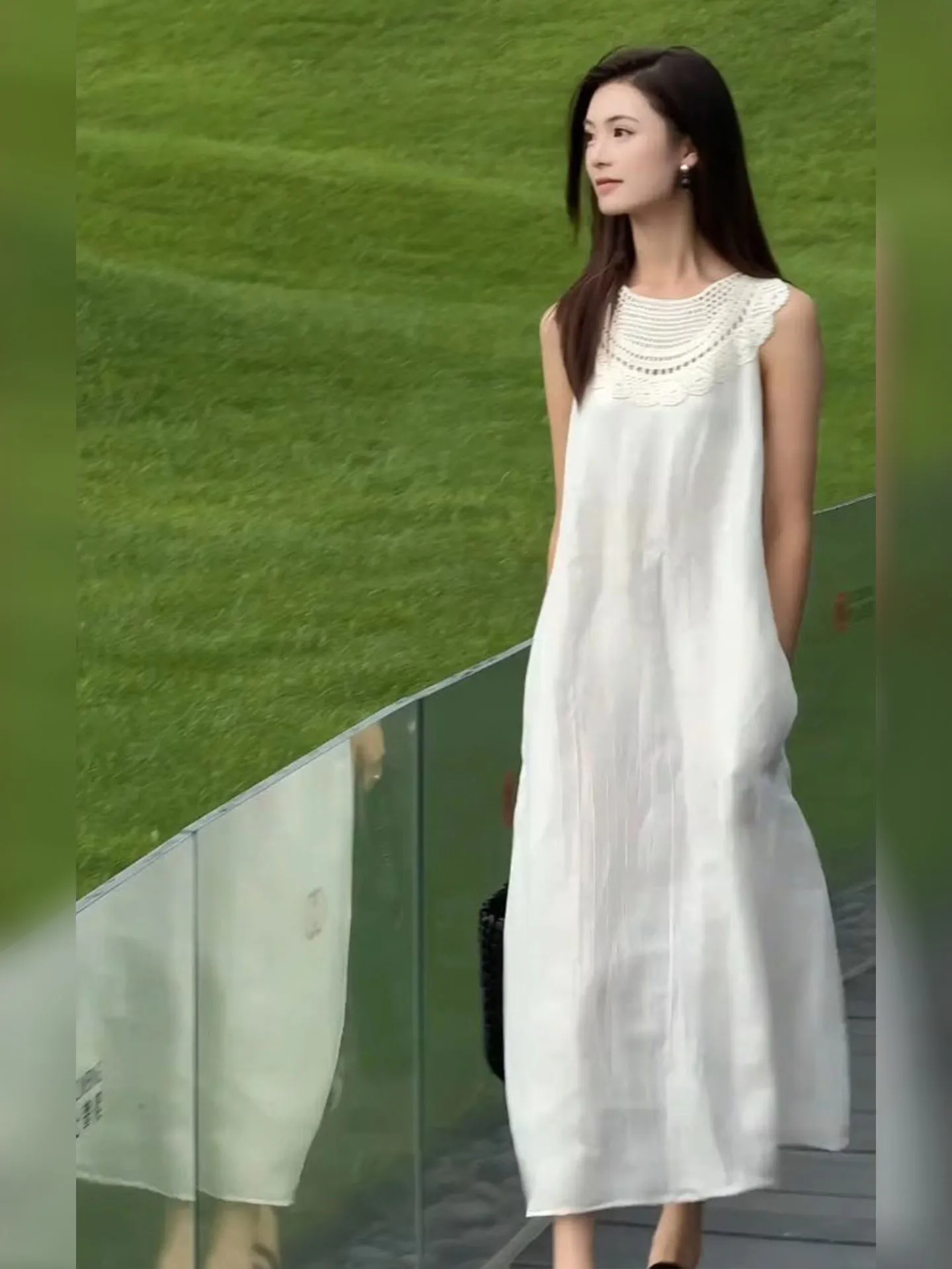 

Korean Sle mat White Svel Dr 2025 New Summer Trend High Waist A-Line Skirt Casual Hollow out round Ne