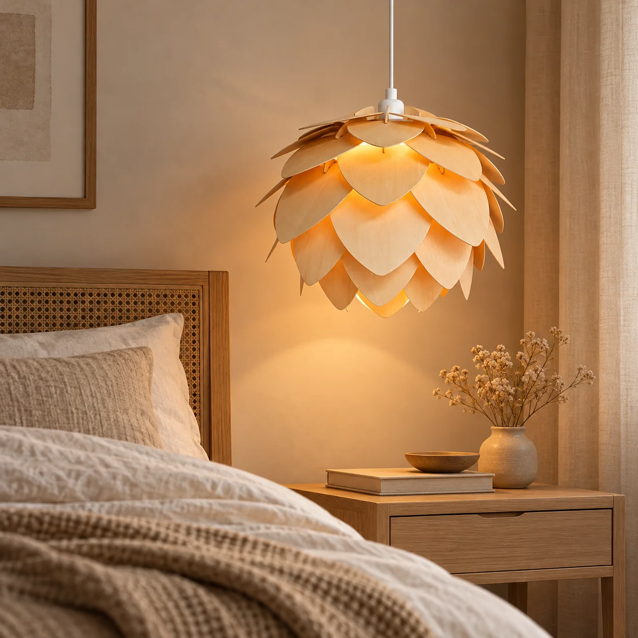JOYINLED Natural Wood Pendant Lamp, Pinecone Leaf Shade, Minimalist Light, 150cm White Cord, 10cm White Canopy, 40x34 cm E26/E27