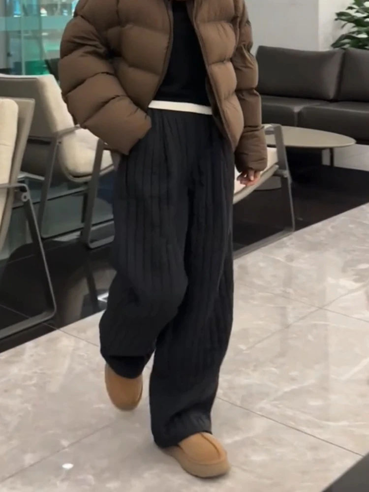 سراويل نسائية كاجوال من القطن ثينيد عالية الخصر فضفاضة مستقيمة الساق ملابس خارجية دافئة شتوية عصرية مقاس كبير