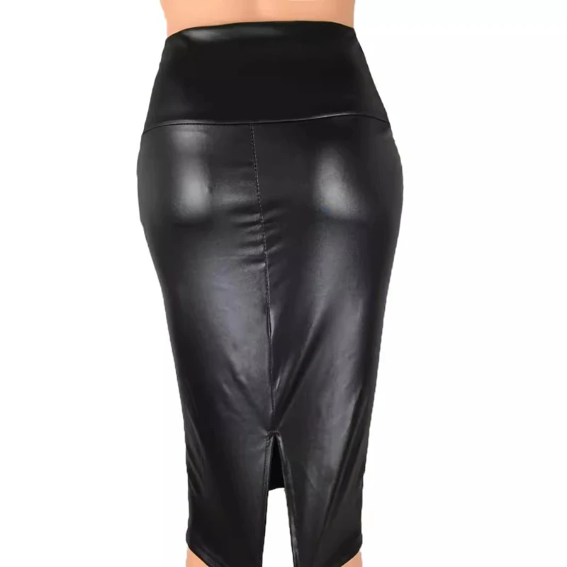 Woman High Waist Pencil Skirts Club Vintage Bodycon Midi Skirt PU Leather Skirt Sexy Jupe Faldas
