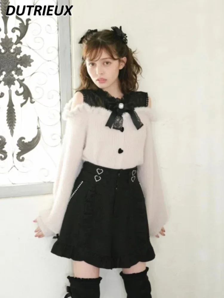 Sweet Lolita Winter Clothes Women Off Shoulder Sweater Pullover Student Elegant Long Sleeve Knitwear Bow Lace Waist Slim Sweater