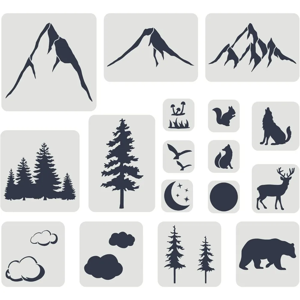 17 pcs Mountain Forest Animals Stencil Set Mixed Size Mountain Wild Animal Drawing Stencil Reusable Forest Animals Template