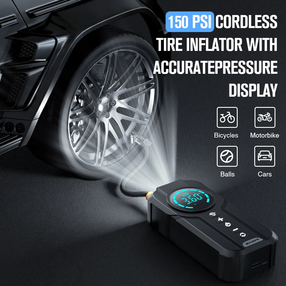 BUVAYE 4 in 1 Car Air Pump Auto Tyre Inflator with Power Bank LED Lighting Portable Car Battery Booster Air Compressor Tire Pump