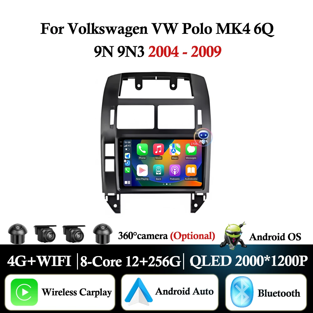 Android Auto Carplay For Volkswagen VW Polo MK4 6Q 9N 9N3 2004-2009 Car Radio Multimedia Video Player GPS Navigation QLED Screen