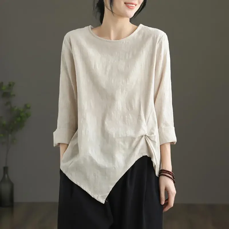 T-shirt for Women in Autumn Slimming Irregular Top Retro Cotton and Linen Pleated Long-sleeved