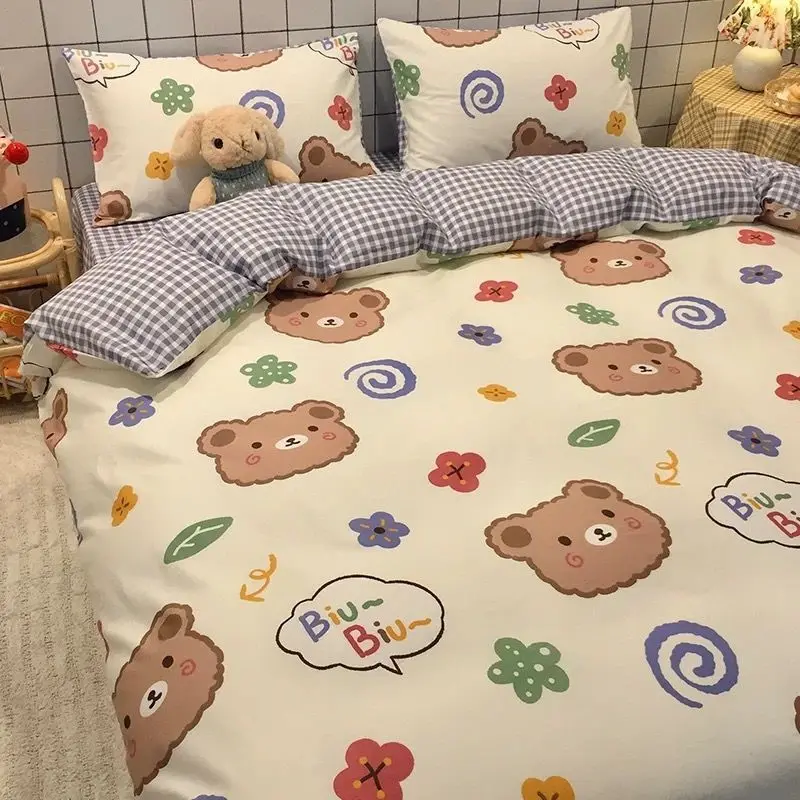 Cute Bear Bedding Set Cartoon Floral And Animal Duvet Cover Blue Flat Sheet Soft Polyester Kawaii Queen Full Size Bed Linen