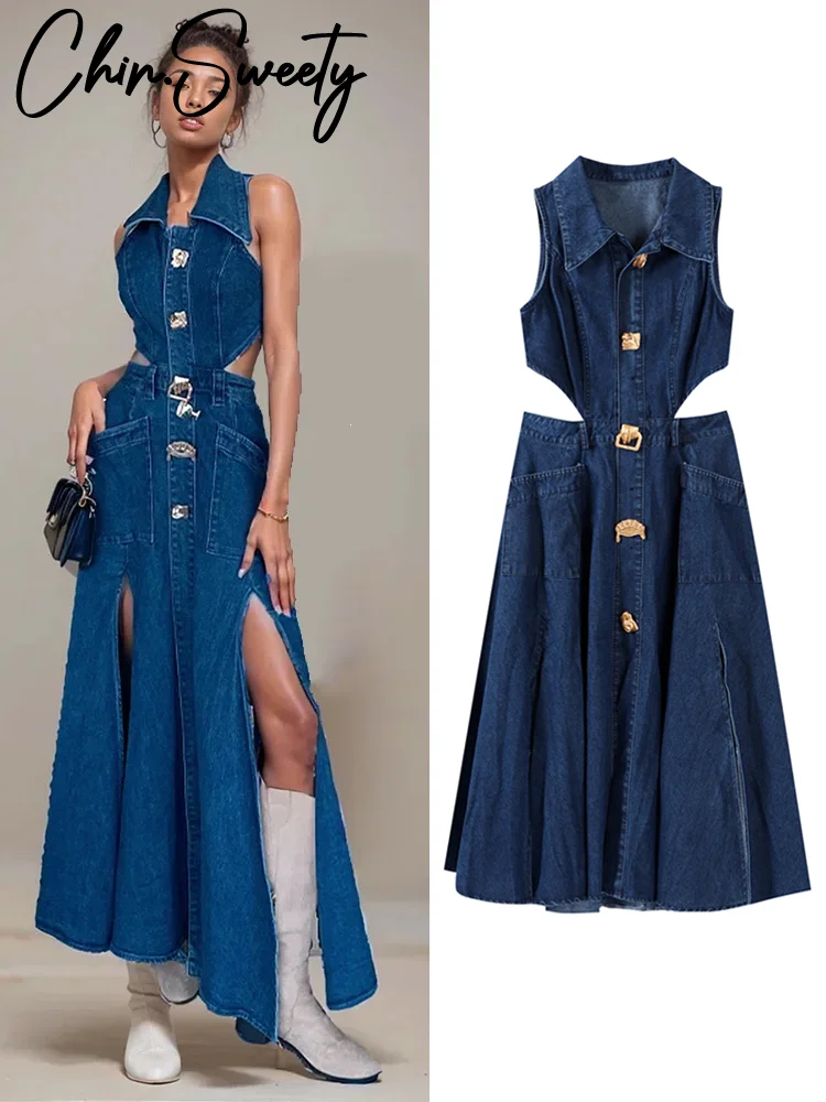 Sexy Denim Hollow Out Dress Women Sleeveless Turndown Collar Side Split Long Dresses Female 2025 Summer New Lady Robe