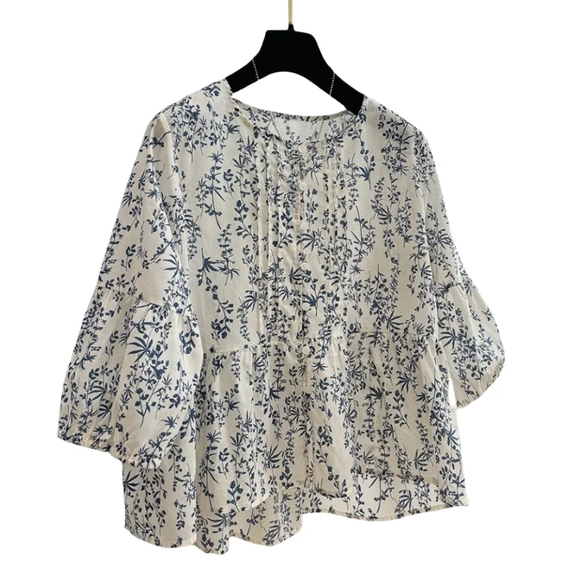 Women Floral Print Blouse Korean Fashion Casual Loose Tops 2024 Summer Round Neck Holiday Style Shirts