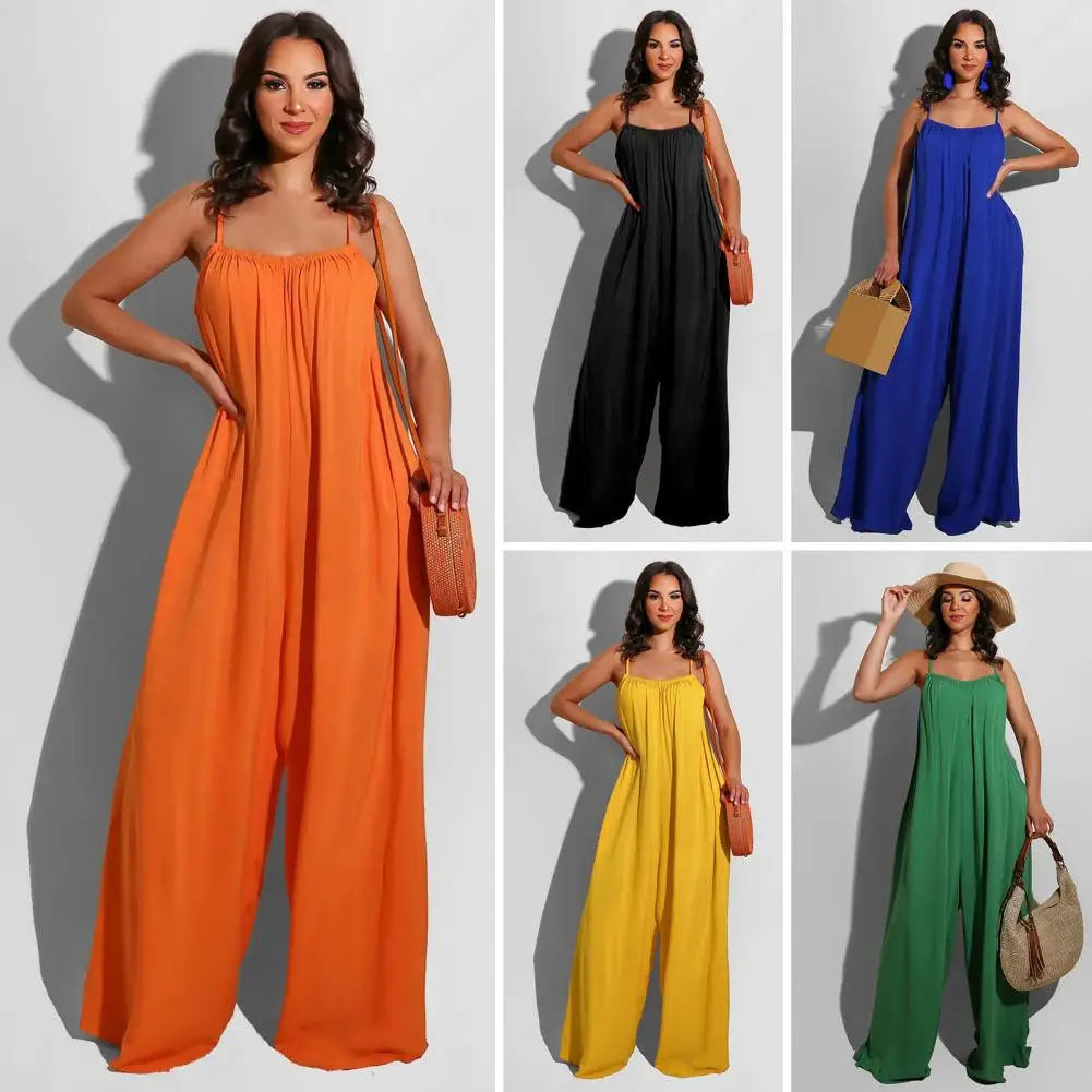 Wide-leg Jumpsuit Elegant Backless Wide Leg Jumpsuit for Women Spaghetti Strap Pleated Crotch Solid Color Full Length Vacation