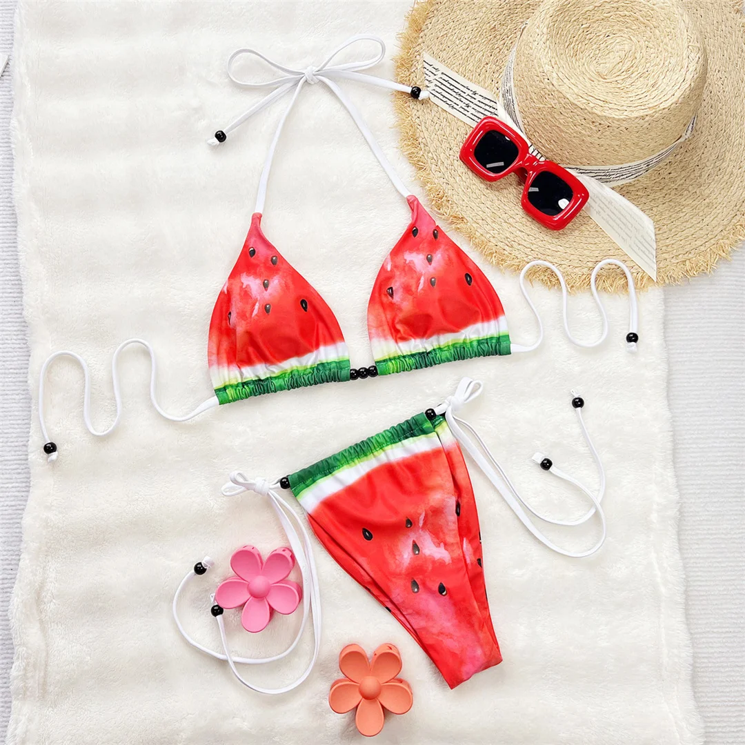 Nouveau pastèque imprimé licou Bikini femmes maillots de bain femme maillot de bain deux pièces Bikini ensemble à bretelles baigneur maillot de bain bain
