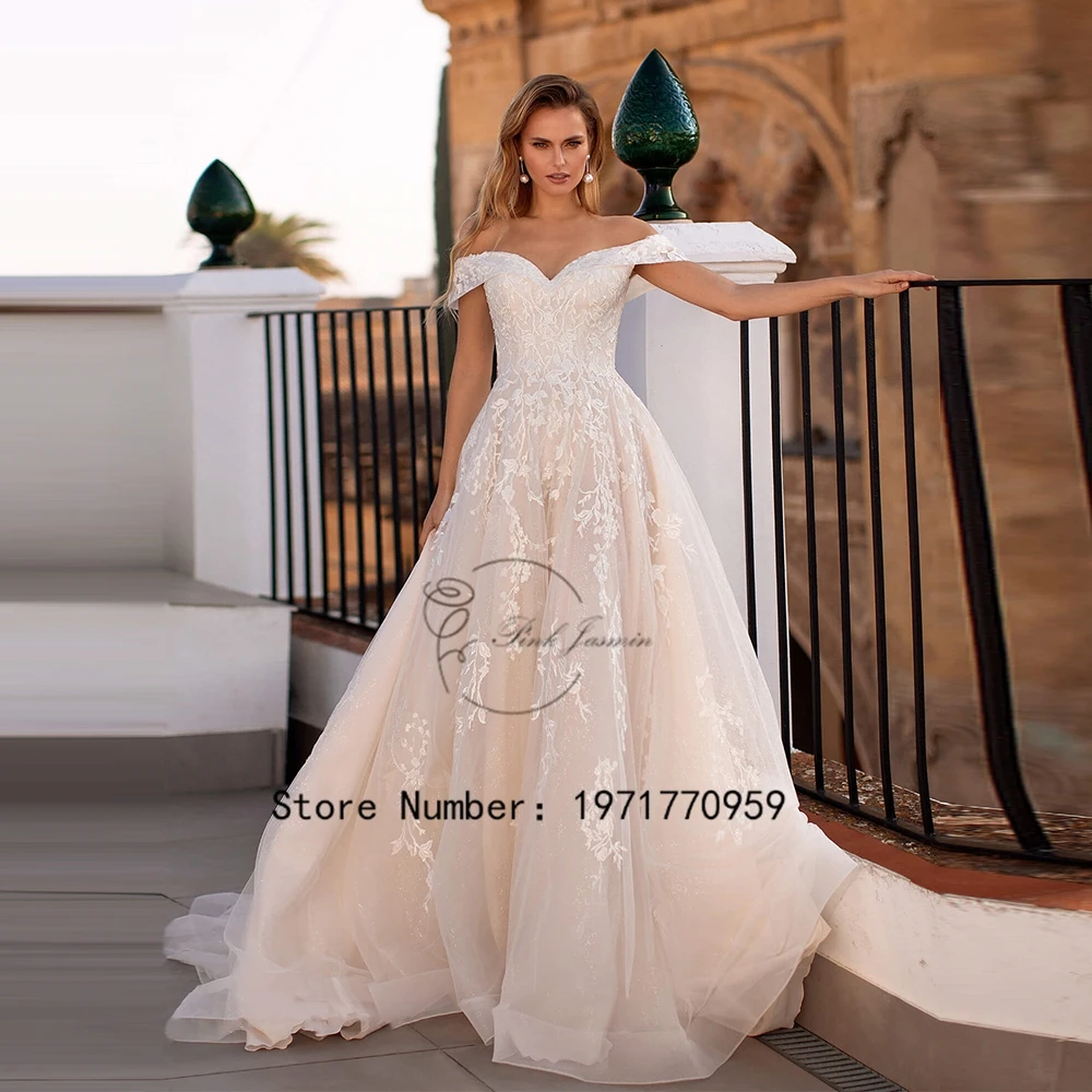 

Luxury Light Champagne Wedding Dress Boat Neck A-Line Applique Bride Gowns Custom Made Lace Up Robe De Mariée 2024 New