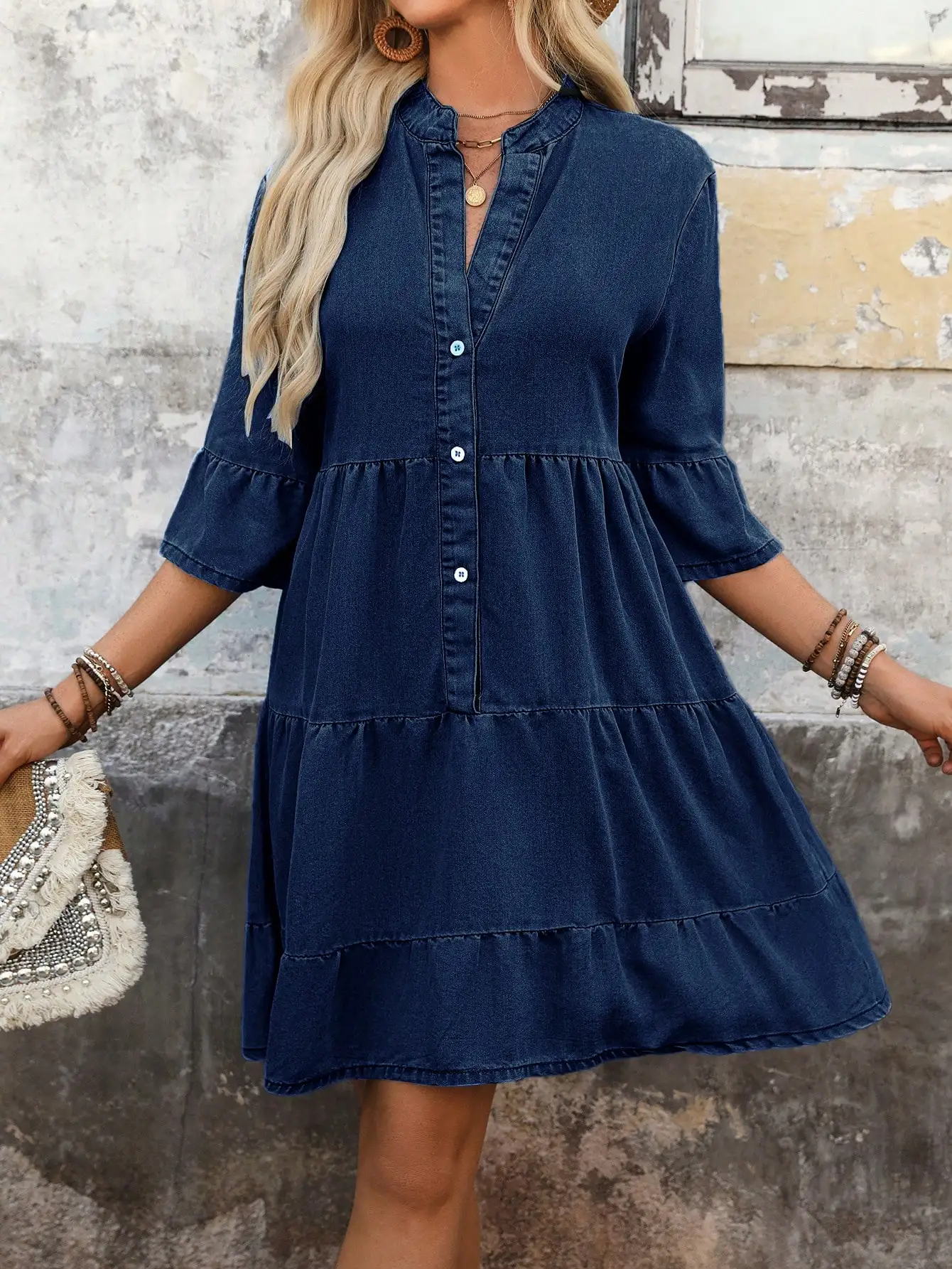 

Women's Denim Shirt Dress With Button Front And Tiered Skirt