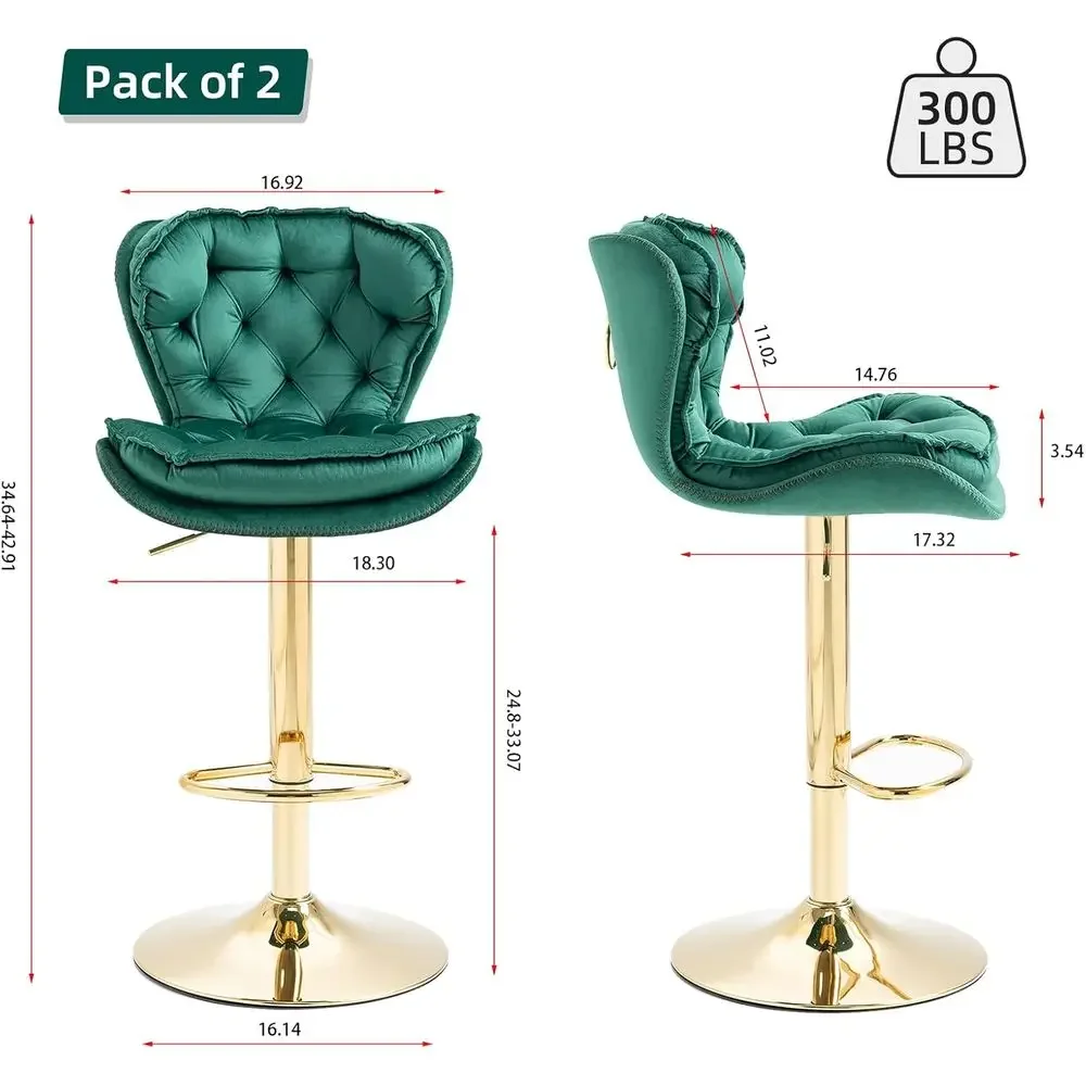 Swivel Pub Height Barstool, Velvet Seat Dining Chair, Hydraulic Counter Stool, Gold Base Island Stool Set of 2 Green - view 3
