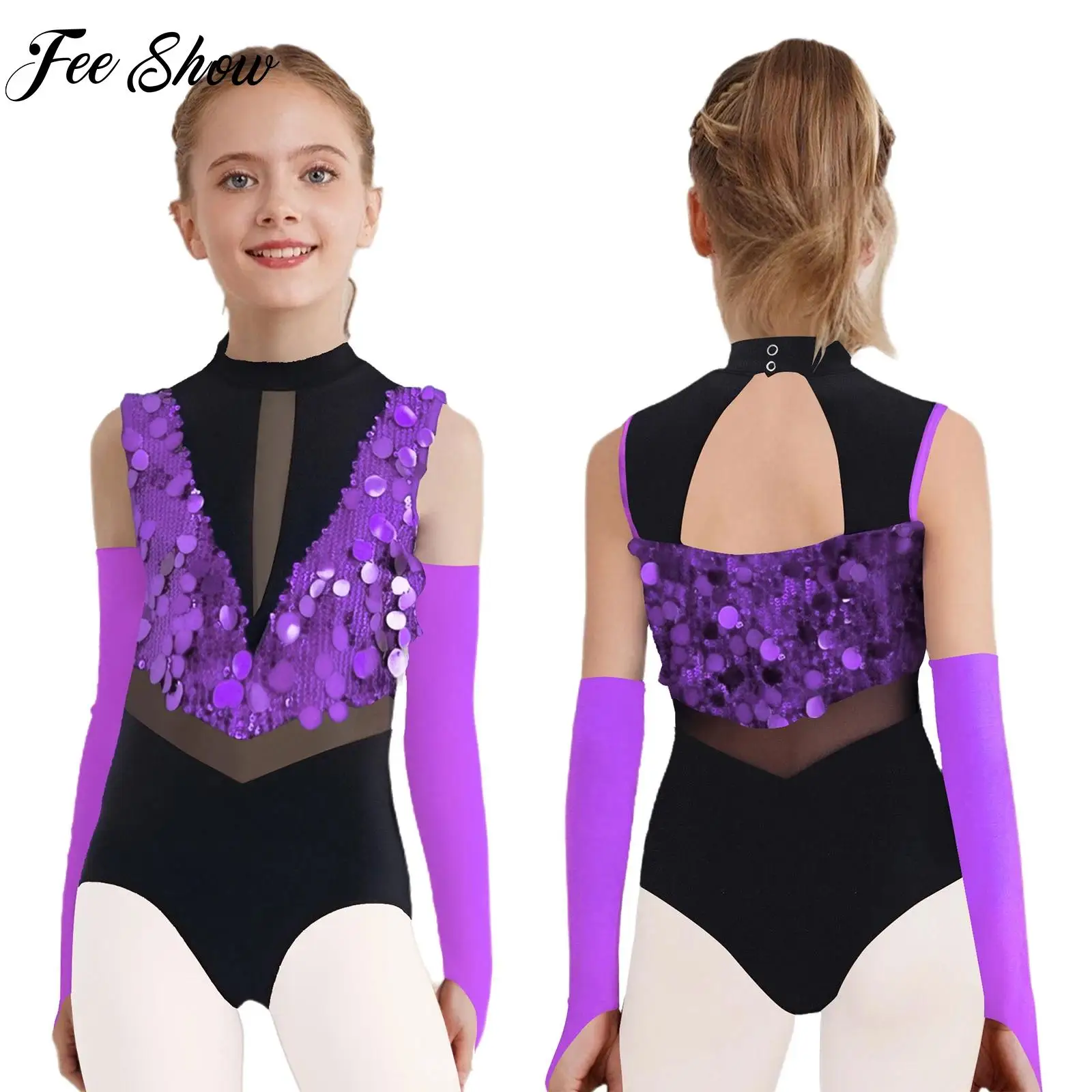 

Kids Girls Sequins Jazz Latin Dance Leotard Outfit Sleeveless Leotard+Gloves Children Ballet Skating Gymnastics Performance Set