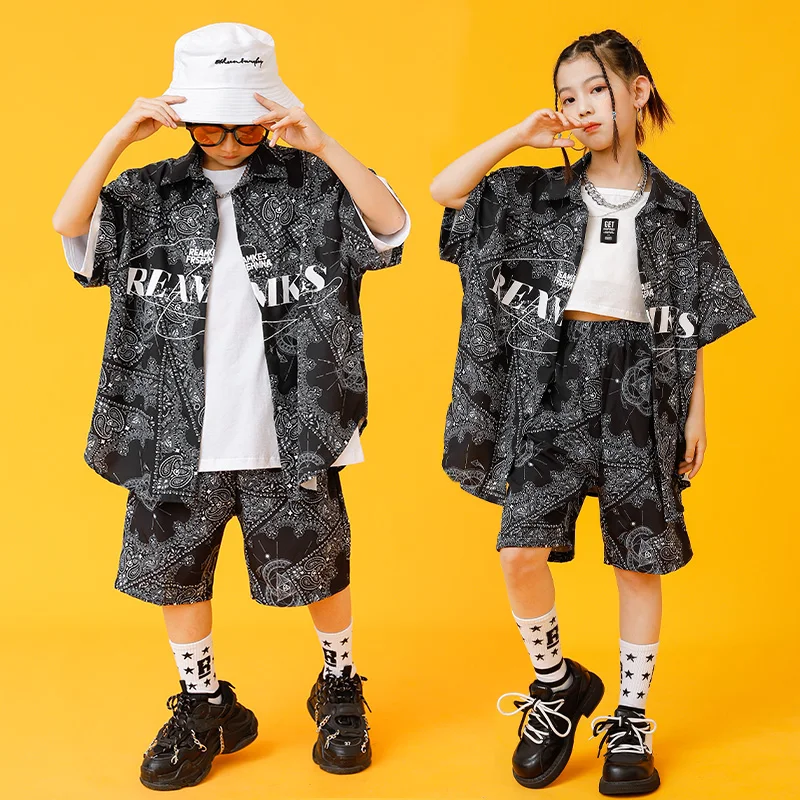 Kids Kpop Hip Hop Clothing Geometry Print Shirt Tops Streetwear Shorts For Girl Boy Jazz Dance Costume Stage Wear  Clothes