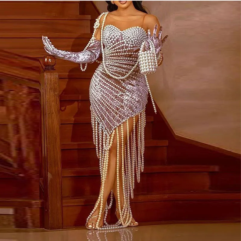 Amazing Pearls Beaded Evening Gowns Sheer Neck African Women Prom Dresses Beading Tassels Sheath Wedding Party Dress  No Gloves