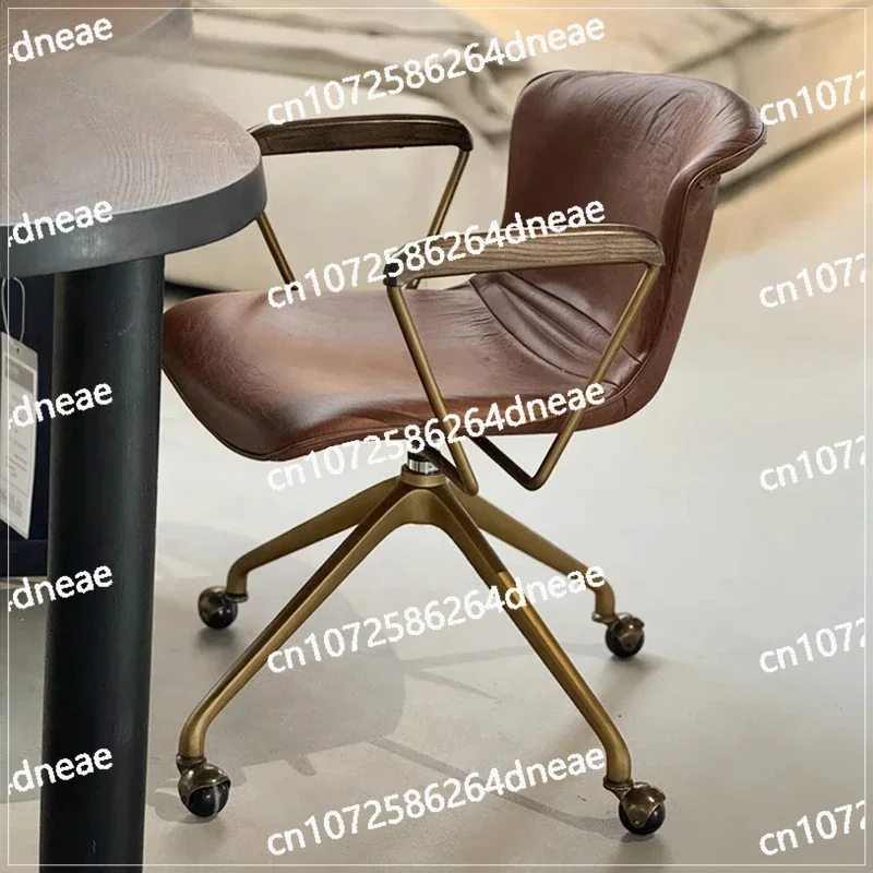 Italian light luxury minimalist oil wax cowhide computer chair comfortable sedentary retro lift swivel chair bedroom study